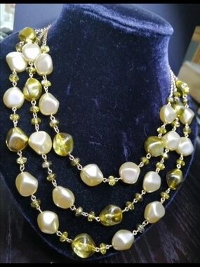 Joan Rivers 3 Strand Yellow and Cream Chech Republic Beads Vintage  Necklace
